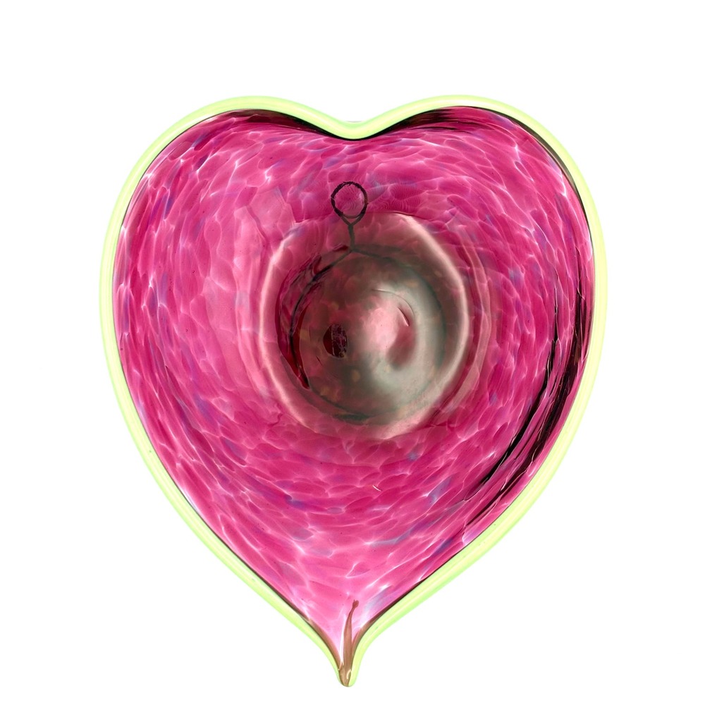 Handblown Glass Heart‎ Bowl Pink Blues & Lime Green Hanger Included on Back